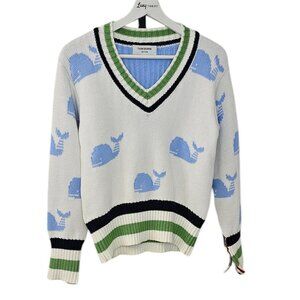 Thom Browne Womens V-Neck Whale Knit Cotton Sweater, Striped, Size 36